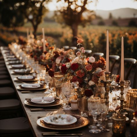 Harvest Table Centerpieces Wedding, Romantic Fall Wedding Table Decor, Harvest Themed Wedding, Fall Italian Wedding Colors, Fall Estate Wedding, Vineyard Fall Wedding, Moody Italian Wedding, Fall Wedding Tablescapes Long, Burgundy Wedding Florals