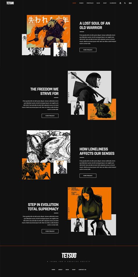 Inspired by iconic manga and cyberpunk culture, Tetsuo is a creative portfolio WordPress theme for every designer, artist or illustrator.   #wordpress #webdesign #theme #template #creative #design #creativeagency #artist #portfolio #manga Graphic Artist Portfolio Ideas, Artist Website Design Ideas, Cyberpunk Layout Design, Portfolio For Designer, Fashion Portfolio Website Design, Art Portfolio Website Inspiration, Illustration Portfolio Website Design, Portfolio Webpage Design, Portfolio Ideas Design Creative