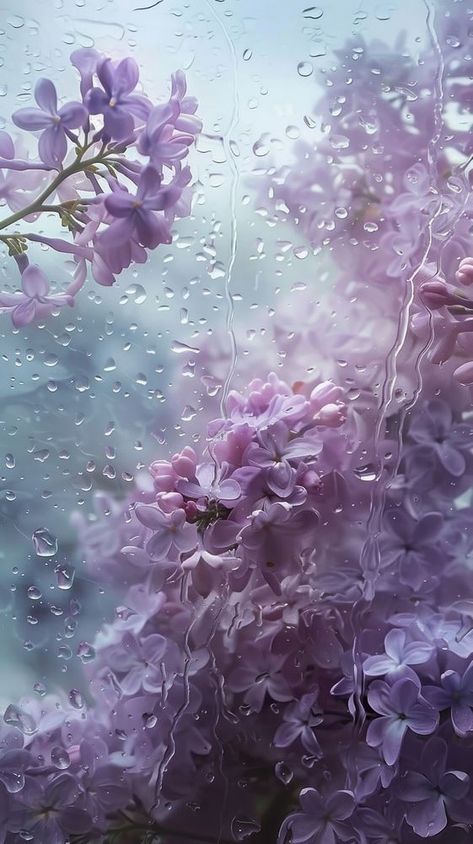 Rain scene with lilacs blossom flower plant. | premium image by rawpixel.com Flowers Purple Aesthetic, Iphone Wallpaper Lavender, Rainy Aesthetics, Wallpaper Lavender, Bujo 2025, Rainy Aesthetic, Lilac Aesthetic, Flower Rain, Wet Flowers