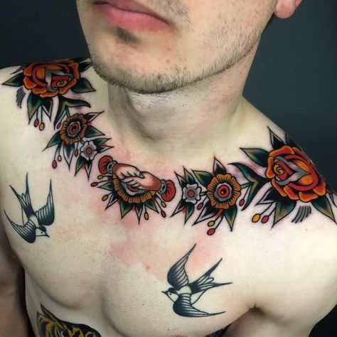 American Traditional Tattoos Collar Bone, Neck Tattoo For Guys Traditional, American Tradition Chest Tattoo, Traditional Clavicle Tattoo, Traditional Tattoos Chest Piece, Collar Neck Tattoo, American Traditional Collar Tattoo, Traditional Tattoo Collar Bone, Traditional Neck Tattoo Men