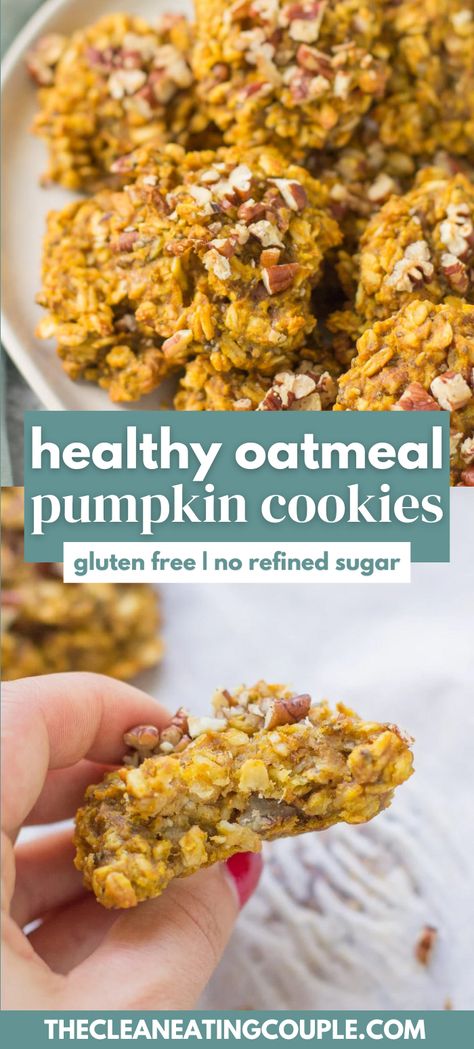 Healthy Oatmeal Pumpkin Cookies (Gluten Free, No Refined Sugar) are a delicious fall breakfast! Made with only 8 ingredients, they are perfect for meal prepping & naturally gluten free. Whole 30 Pumpkin Cookies, Pumpkin Oatmeal Bars Vegan, Healthy Pumpkin Protein Cookies, Healthy Oatmeal Cookies Breakfast, Oatmeal Healthy Snacks, Flourless Pumpkin Oatmeal Cookies, Keto Pumpkin Oatmeal Cookies, Pumpkin Oatmeal Cookies Gluten Free, Healthy Pumpkin Cookies Easy