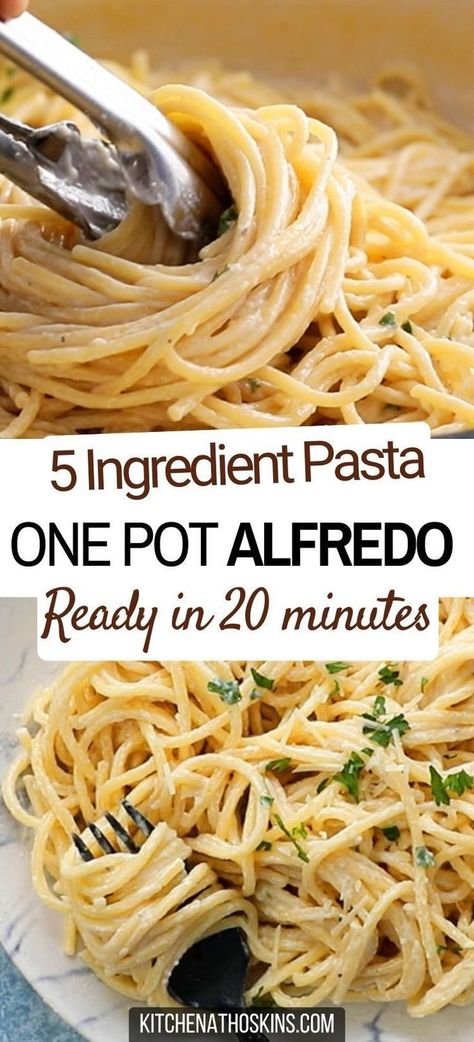 Learn how to make easy one pot alfredo pasta recipe that is made with milk for a for a lighter dish and it makes an easy 20 minute dinner idea. Add cooked chicken or shrimp to add some protein and make it a complete 5 ingredient meal for kids or the family during busy weeknights. Get the one pot pasta with alfredo sauce at kitchenathoskins.com. One Pot Alfredo Pasta, One Pot Alfredo, Summer Dishes Recipes, Easy Alfredo Recipe, Pasta Recipes For One, Alfredo Noodles, Alfredo Pasta Bake, Pasta With Alfredo Sauce, Pasta Recipes Alfredo