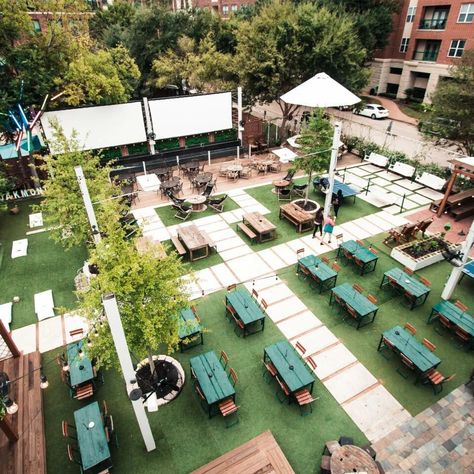 Oakmont Houston - Beer Garden - Brewery in Houston, TX Backyard Beer Garden, Beer Garden Design, Beer Garden Ideas, Patio Games, Food Court Design, Outdoor Beer Garden, Restaurant Exterior Design, Ultimate Backyard, Outdoor Restaurant Design