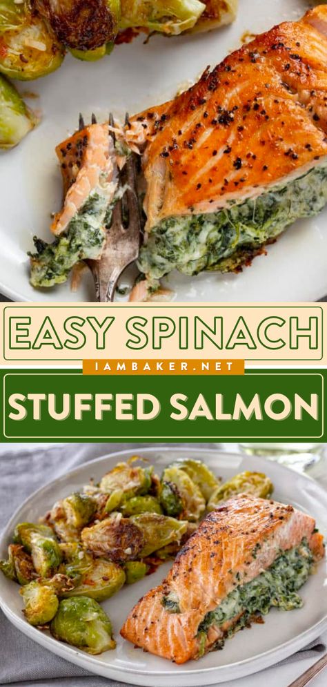 Spinach Fish Recipes, Healthy Stuffed Salmon, Crockpot Recipes Pescatarian, Healthy Stuffed Salmon Recipes, Easy Dinner Recipes No Carb, Healthy Dinner Recipes No Starch, Tummy Friendly Recipes, Creamed Spinach Stuffed Salmon, Spinach Feta Salmon