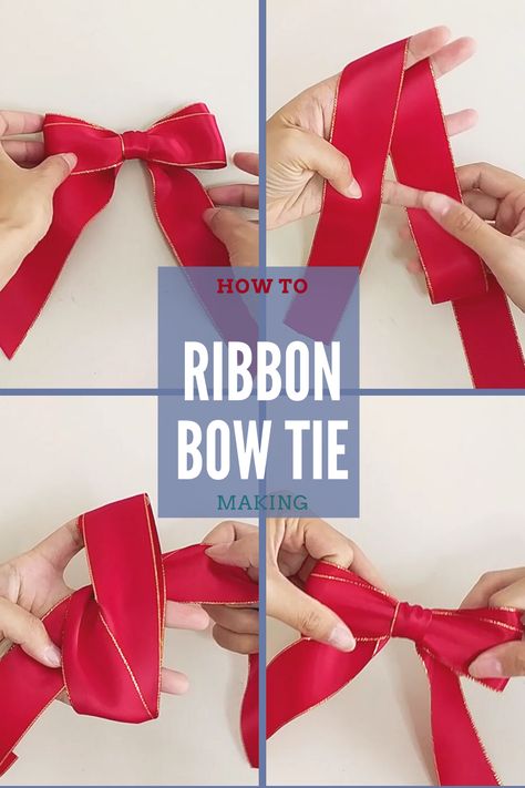 How to make ribbon bow tie for present wrapping Folding A Bow With Ribbon, How To Make A Flat Bow With Ribbon, How To Tie Present Bow, How To Bows With Ribbon, Easy Present Bows With Ribbon, Ribbon Bow For Gifts, How To Make A Bow With Non Wired Ribbon, Thick Ribbon Bow Diy, How To Tie A Bow Step By Step