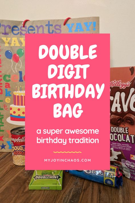 Double Digit Birthday Bag | The big 1-0. The first time turning double digits. The idea is simple - Fill a bag (or basket, or box) full of ?double? items. #10thbirthday #tenthbirthday #birthdaytraditions #boybirthday #girlbirthday #doubledigitbirthday #giftidea Double Digits Birthday Party Ideas, Birthday Mirror Ideas, Double Digit Birthday Party, Turning 10 Birthday Ideas, Double Digits Birthday Party, Birthday Ideas For 10 Year Boy, 10 Birthday Party Ideas, Tenth Birthday Party Ideas Boys, Tenth Birthday Ideas