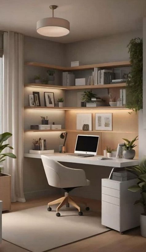 Desk In Corner Facing Out, Neutral Tone Office Space, Personal Office Aesthetic, Scandinavian Home Office Ideas, High Tech Home Office, Living Room With Work Space, Organic Modern Home Office, Cozy Office Space At Home, Neutral Office Space