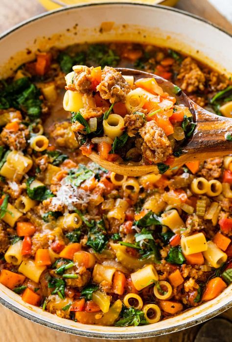 Easy Italian Sausage Soup Recipe (with Spinach) - CucinaByElena Fall Easy Soup Recipes, Minestrone With Italian Sausage, Italian Sausage And Pasta Soup, Italian Sausage Soup With Spinach, Sausage Soup With Spinach, Crock Pot Italian Soup Recipes, Healthy Italian Soup Recipes, Hearty Italian Soup, Tortalini Soup With Italian Sausage