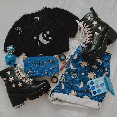 CHEE on Instagram: “1,2 or 3? Outfits for the moon child 🌛 @dollskill #dollskill” Aesthetic Moon Outfit, Cute Moon Outfits, Two The Moon Outfit, Vintage Space Outfit, Moon Aesthetic Clothing, Pokemon Outfit Aesthetic, Moon Core Outfits, Planet Inspired Outfits, Moon Core Aesthetic Outfits