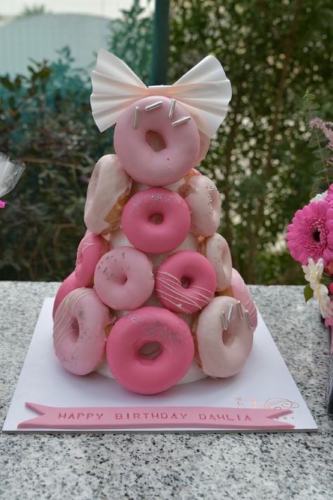 Donut Birthday Tower, Mini Donut Tower, Mini Donut Tower Birthday, Diy Donut Cake Tower, Mini Donut Birthday Cake Tower, Donut Hole Tower Birthday, Doughnut Tower, Happy Birthday Maria, Donut Tower