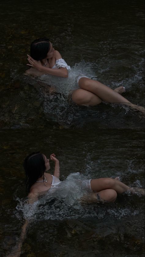 Dark Lake Photoshoot, Fairy River Photoshoot, River Shoot Ideas, Gothic Water Photoshoot, River Siren Aesthetic, River Fairy Aesthetic, Water Stool Photoshoot, White Dress River Photoshoot, River Dress Photoshoot