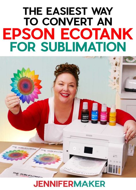 The Best Budget Sublimation Printer is the Epson EcoTank pictured with JenniferMaker and her Subliflower sublimation test print Best Sublimation Paper, How To Convert Epson Printer To Sublimation, Epson Sublimation Printer, Jennifer Maker Sublimation, Printer For Sublimation, Best Sublimation Printer, Epson Ecotank Printer, Craft Paint Storage, Jennifer Maker