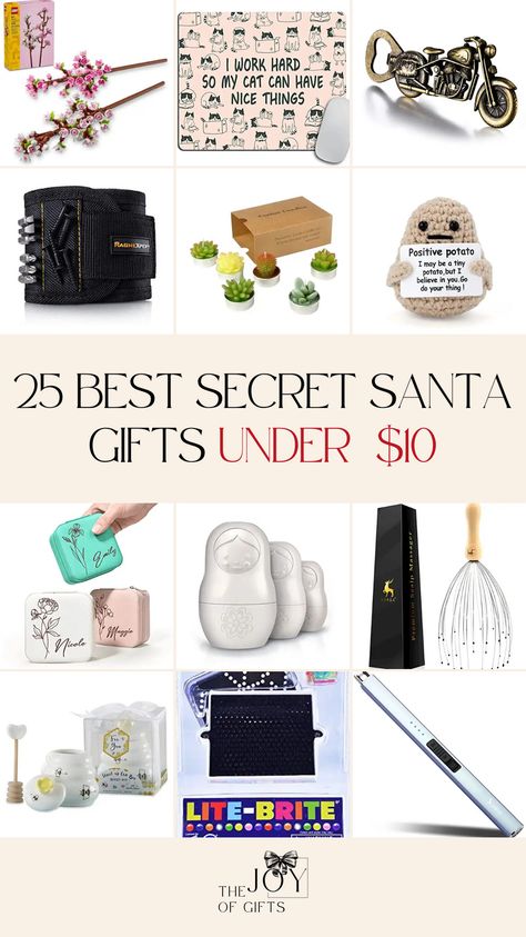 Need a great Secret Santa gift under $10? This gift guide from The Joy of Gifts will help you find an affordable gift that they'll love! See fun, useful, and decorative Secret Santa gift ideas that are unique and thoughtful. Girly Secret Santa Gifts, Great Secret Santa Gift Ideas, Good Secret Santa Gifts For Women, Secret Santa Gift Themes, 15 Dollar Gift Ideas Secret Santa, Secret Santa Gift Ideas Under 5, Simple Secret Santa Gifts, Creative Secret Santa Ideas, Secret Santa Gifts Under $10