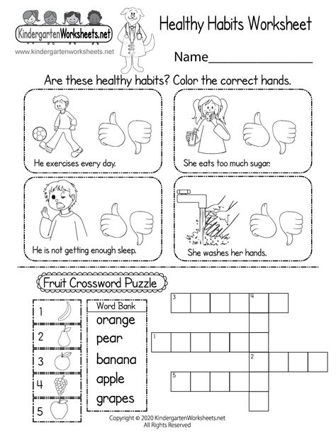 Are these healthy habits? In this free health worksheet, kids have determine what habits are good for everyday health. There is also a fruit crossword puzzle that can reinforce healthy eating habits. Healthy Habits Worksheet, Habits Worksheet, Healthy Habits Activities, Healthy Habits For Kids, Health Worksheets, Health Teacher, Worksheet For Kids, Free Kindergarten Worksheets, Health Activities