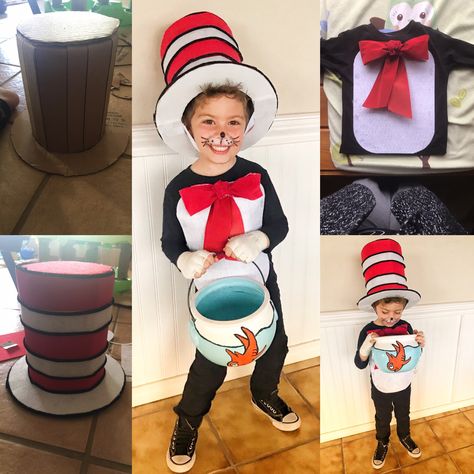 Cat In The Hat Book Week Costume, Cat In Hat Costume Diy, Easy Dr Seuss Character Costume, Cat In The Hat Spirit Week, Cat In The Hat Character Day, Book Week Diy Costumes, Dr Susse Costumes, Dr Seuss Book Week Costume, Dr Seuss Week At School