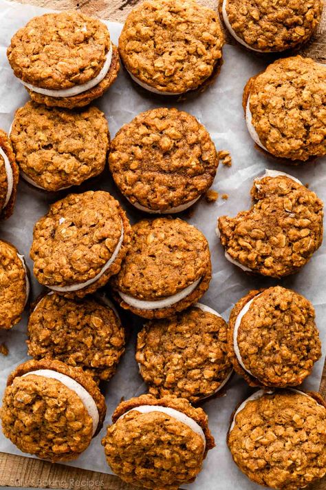 If you're a fan of classic oatmeal cream pies and can't get enough of pumpkin spice, these pumpkin oatmeal cream pies are your next must-try bake! Start by baking a batch of soft pumpkin oatmeal cookies—no dough chilling needed. Then, sandwich them together with a tangy, spiced cream cheese filling to create irresistible oatmeal cream pies bursting with cozy fall flavors. Recipe on sallysbakingaddiction.com Pumpkin Spice Oatmeal Cream Pies, Pumpkin Oatmeal Creme Pies, Pumpkin Oatmeal Cream Pie Cookies, Mini Oatmeal Cream Pies, Pumpkin Oatmeal Cream Pies, Oatmeal Cream Cookies, Must Try Recipes, Sandwich Cream, Oatmeal Creme Pie