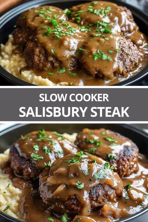 Slow Cooker Salisbury Steak Salisbury Steak Crockpot Recipe, Crock Pot Salisbury Steak Slow Cooker, Salbery Steak Recipe Crockpot, Easy Dinner Recipes With Ground Beef Slow Cooker, Slow Cooker Salisbury Steak By 12 Tomatoes, Smothered Salisbury Steak, Ranch Steak Recipes Slow Cooker, Easy Salsberry Steak Gravy, Salisbury Steak Crockpot Recipes