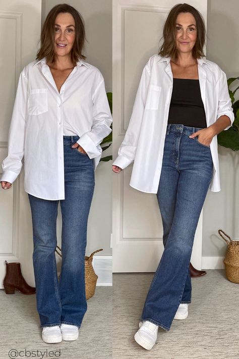 Trendy Button Down Outfits, Flare Jeans And Shirt Outfit, Women’s Jeans And Sneakers, Button Up And Jeans Women, Jeans And A Button Down Women, Flares With Sneakers, How To Style Bootcut Jeans Casual, Ways To Style A White Shirt, Bootcut Jeans Sneakers Outfit