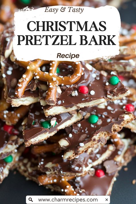 How to Make Christmas Pretzel Bark Dessert Recipes Pretzels, Christmas Cookie Pretzels, Christmas Desert Snacks, Tree Bark Recipe, Christmas Baking Pretzels, Chocolate Pretzel Caramel Bark, Chocolate Peanut Butter Pretzel Bark, Easy Christmas Pretzel Treats, S’mores Christmas Bark