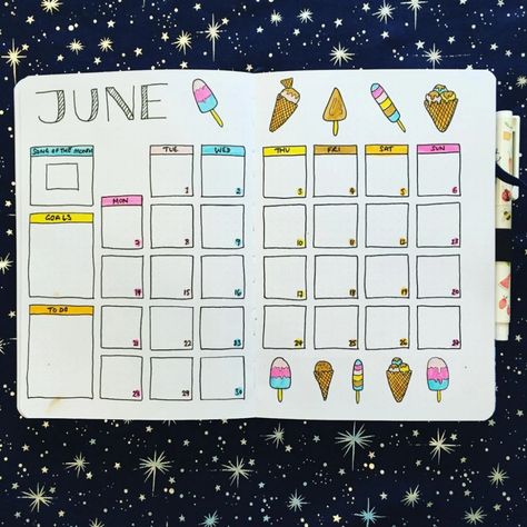 June Calendar 2024 Bullet Journal, June Spread Bullet Journal, June Bullet Journal Calendar, June Bullet Journal Ideas, June Bullet Journal Cover, June Bujo, June Bullet Journal, Bullet Journal August, Planner Themes