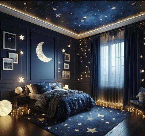 Midnight Bedroom Aesthetic, Starry Living Room, Celestial Bedroom Decor Diy, Night Sky Bedroom Theme, Star Girl Bedroom Aesthetic, Space Ceiling Bedroom, Celestial Bedroom Ideas, Starry Ceiling Bedroom, Lunar Bed