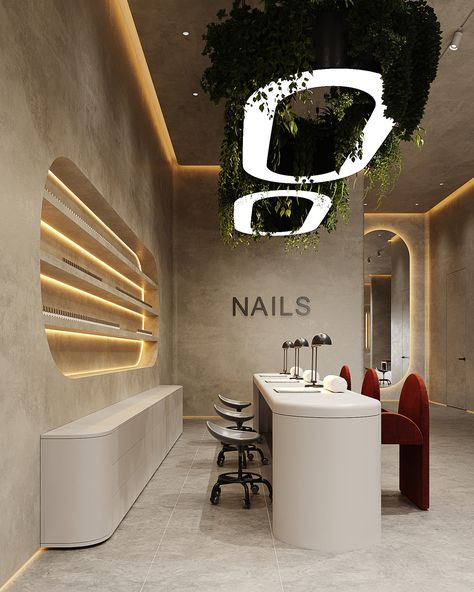 Design interior nails salon :: Behance Nail Section Salon, Hair Salon Lobby Waiting Area, Interior Design For Salon, Beauty Space Ideas, Luxurious Salon Interior, Small Salon Aesthetic, Salon Outside Decor, Nail Lounge Interior, Luxury Nail Salon Aesthetic