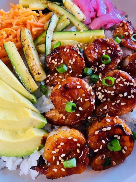 Healthy Shrimp Rice Bowls, Shrimp Asian Bowl, Shrimp Poke Bowl, Prawn Poke Bowl, Shrimp Avocado Rice Bowl, Prawn Rice Bowl, Shrimp Rice Bowl Recipe, Shrimp And Kimchi Rice Bowl, Shrimp Sushi Bowl Cauliflower Rice