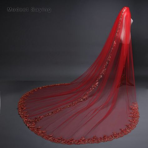 Red Wedding Veil, Flower Crown Wedding Veil, Wedding Veils With Hair Down, Long Veils Bridal, Lace Trimmed Veil, Wedding Veil Styles, Red Wedding Gowns, Simple Wedding Veil, Red Veil