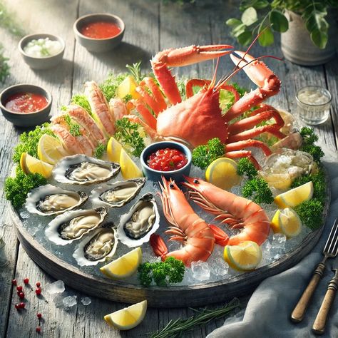 For an impressive seafood platter, arrange a variety of shellfish like shrimp, oysters, and crab legs on a bed of ice. Serve with lemon wedges, cocktail sauce, and a light vinaigrette. This platter is perfect for special occasions or gatherings. 📸 Show us your seafood platter presentation! Seafood Platter Presentation, Seafood Platter Ideas, Seafood On Ice, Platter Presentation, Seafood Platter, Cocktail Sauce, Crab Legs, Lemon Wedge, Show Us