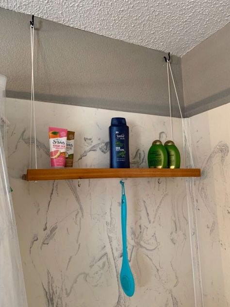 Stand Up Shower Shelf Ideas, Cute Shower Storage, Diy Shower Shelves Ideas, Shower Shelves Ideas Wood, Tiny Shower Storage, Shower Rod Storage, Shower Stall Organization Ideas, Over Shower Storage, Shower Space Ideas