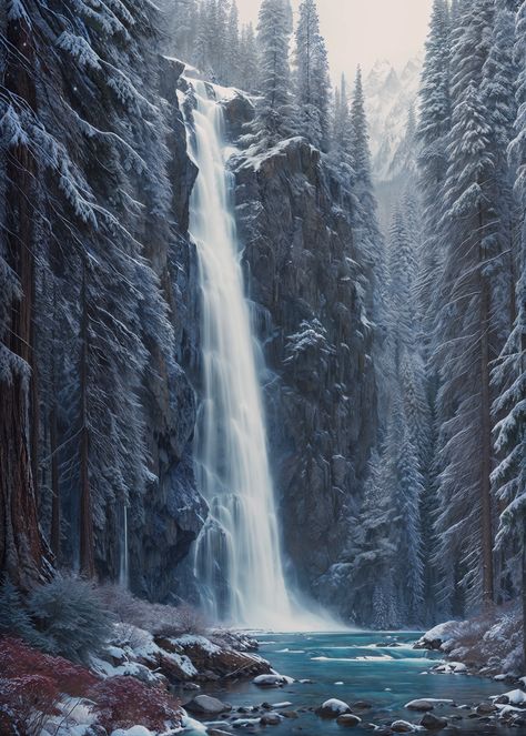 Fall Digital Art, Winter Waterfall, Winter River, Tattoo Girls, Water Fall, Katherine Mcnamara, Hot Tattoos, Winter Forest, Cool Artwork