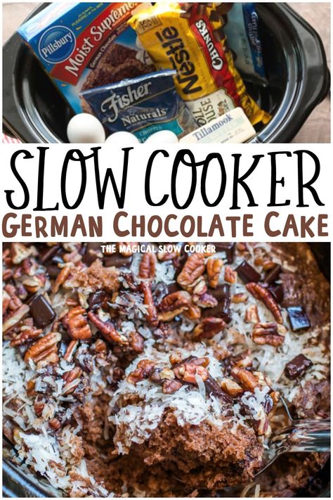 This decadent Slow Cooker German Chocolate Spoon Cake is a delicious spin on German chocolate cake, this is served this warm with ice cream! - The Magical Slow Cooker Dessert Slow Cooker Recipes, Crockpot German Chocolate Cake, German Crockpot Recipes, Crockpot Recipes Desserts, Slow Cooker Dump Cake, Crockpot Dump Cake, Crockpot Cakes, Dump Cake Crockpot, Slow Cooker Dessert Recipes