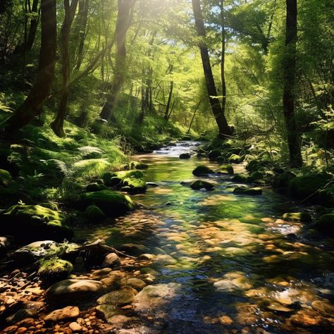 Creek in the Forest Creek In The Forest, Nathalie Core Aesthetic, Forest Creek Aesthetic, Forest Aesthetic Bright, Creek Aesthetic Nature, Soft Forest Aesthetic, Beverly Core, Aesthetic Woods Forest, Meredith Core