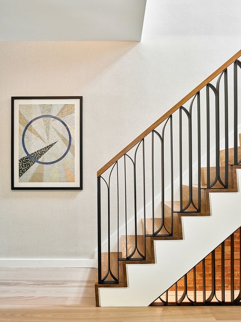 Wanda Ely Designs an Art Deco Modern House in Toronto Art Deco Staircase, Art Deco Stairs, Metal Handrails, Staircase Railing Design, Stair Design, Handrail Design, Contemporary Staircase, Stair Rail, Stair Railing Design