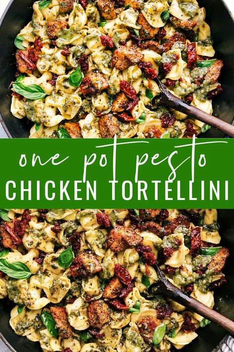 You’ll love this one-pot, easy and quick Pesto Chicken Tortellini with sun-dried tomatoes and fresh basil! #dinner #quick #easy #simple #best #onepot #pesto #chicken #tortellini Chicken Pesto Ravioli Pasta, Recipes With Chicken And Pesto, Pesto And Tortellini, Pesto Tortellini With Chicken, Recipes That Use Basil Pesto, Pesto Ravioli With Chicken, Pesto Chicken Recipes Healthy, Pesto Healthy Recipes, Tortellini Recipes Pesto