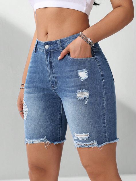 Medium Wash  Collar  Denim Plain Biker Shorts Embellished Medium Stretch  Women Clothing Biker Jeans Outfit, Mode Queer, Shorts For Ladies, Kids Fashion Wear, Women Denim Shorts, Jean Short Outfits, Denim Shorts Outfit, Casual Chic Outfits, Dressy Shorts