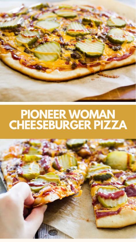 Pioneer Woman Cheeseburger Pizza is made with ground beef, bacon, cheddar cheese, pickles, and a buttery pizza crust. This easy cheeseburger pizza recipe creates a cheesy pizza that takes about 30 minutes to prepare and can serve 2 to 3 people. Cheeseburger Flatbread Pizza, Ground Beef Pizza Recipes, Personal Pizza Ideas, Pizzazz Recipes, Fun Pizza Ideas, Unique Pizza Ideas, Cheese Burger Pizza, Cheeseburger Pizza Recipe, Pizza Topping Ideas