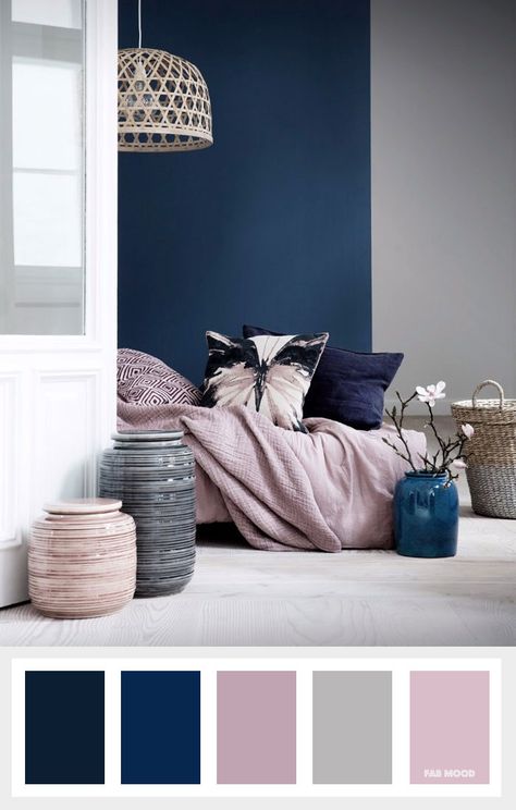 Navy blue + mauve and grey color palette - Colours that inspire creativity { Beautiful Color Palettes for home color ideas,grey navy blue and mauve colors Master Bedrooms, Design Seed, Pink Ground, Hague Blue, Interior Design Per La Casa, Bedrooms Decor, Dekorasi Kamar Tidur, Hus Inspiration, Design Del Prodotto