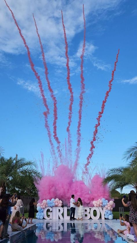 Gender Reveal Rocket, Boujee Gender Reveal Ideas, Gender Reveal Ideas Cannon, Gender Reveal Outside Ideas, Reveal Ideas Gender Creative, Baddie Gender Reveal, Gender Reveal Mama Outfit, Gender Reveal Ideas Fiesta Theme, Gender Reveal Ideas For Party Fireworks