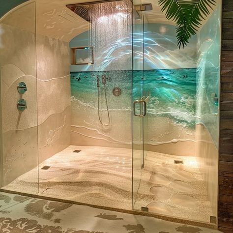 Seaside Serenity: Beach-Themed Showers for Coastal-Inspired Retreats Coastal Aesthetic Bathroom, Ocean Theme House, Beach Vibe Bathroom, Sea Bathroom Ideas, Bathrooms 2023, Mermaid Beach House, Adu Bathroom, Sea Themed Bathroom, Beach Themed Bathroom