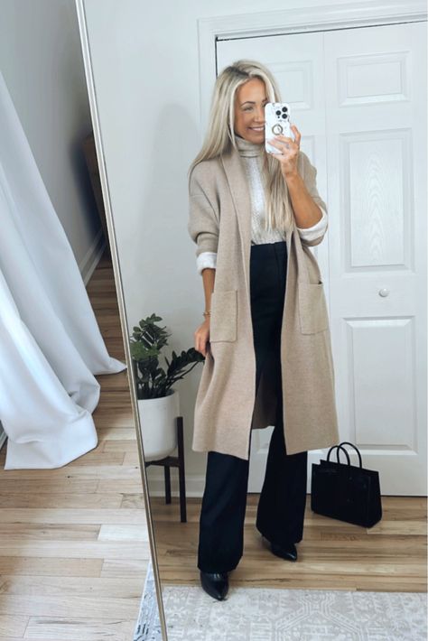 Long Cardigan Outfit Work, Cardigan Work Outfit, Beige Cardigan Outfit, Cardigan Outfit Work, Long Sweater Outfits, Long Cardigan Outfit, Fall Winter Fashion Trends, Business Outfits Women, Peak Lapel