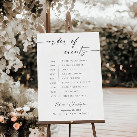 This Wedding Order Of The Day Sign is a digital editable template, using Templett.com. Edit right in your web browser. It features a wonderful typography and refined style. This elegant Wedding Itinerary Sign will be the perfect touch for your Wedding, Rehearsal dinner, Engagement party, Vow Renewal, Bridal Shower, Bachelorette Party or other event. You will receive an access link within minutes after purchase to your email. Make your edits (wording, font, background color etc.), download and pr Order If Events Wedding Sign, Itinerary Wedding Sign, Wedding Timeline Signs, Wedding Agenda Sign, Wedding Day Timeline Sign, Wedding Itenary Board, Order Of The Day Wedding Sign, Wedding Reception Order Of Events, Wedding Schedule Sign