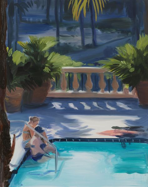 Caroline Walker (British, b. 1982), Pool Side, 2017. Oil on board, 43 x 35 cm. Caroline Walker, Artist Ideas, Pool Art, Tumblr Backgrounds, Pool Side, Real Art, Coastal Landscape, Moving Image, Transcription