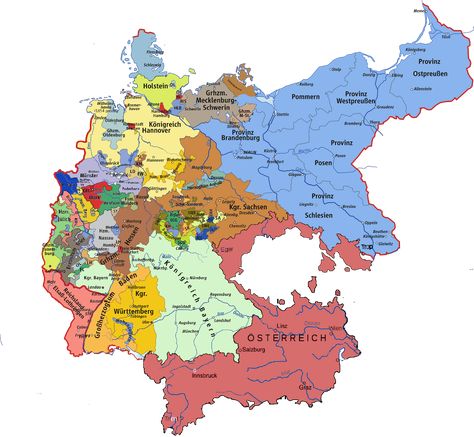 The German Empire in the 1880s, after the dissolution of Austria-Hungary. In this alternate History, Prussia lost the war against Austria in 1866, losing all its western territories as well as the Province Saxony. France conquered Luxembourg successfully, leading to a war against France leaded by Prussia and Austria (both competing for hegemony). The war was won and the German Empire established, though Austria did not join until national separatistic movements took over power in Cisleithania. Austria Hungary X German Empire, German Empire X Austria Hungary, India World Map, Book Infographic, History Of Germany, Austria Hungary, German Empire, Imaginary Maps, German Heritage