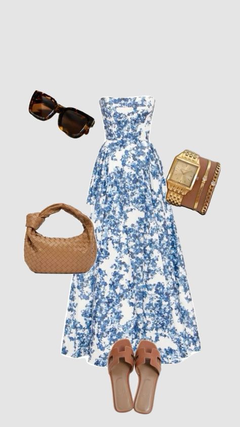 Blue Flower Dress, Flower Maxi Dress, Maxi Dress Outfit, Fashion Top Outfits, Effortlessly Chic Outfits, Everyday Fashion Outfits, Casual Day Outfits, Classy Fashion, Casual Chic Outfit