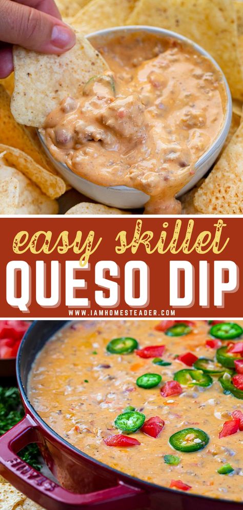 Skillet Queso Dip, Sausage Queso Dip, Skillet Queso, Queso Dip Crockpot, Ground Beef And Sausage, Sausage Queso, Holiday Dip, Sausage Cheese Dip, Crab And Artichoke Dip