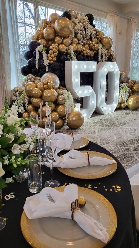 50 Celebration Ideas, 50th Anniversary Decor Ideas, Center Pieces For 50 Birthday, 50th Birthday Set Up, Formal 70th Birthday Party Ideas, Classy 50th Birthday Decorations, 50th Anniversary Balloons, Winter 50th Birthday Party Ideas, 50 Birthday Balloon Ideas