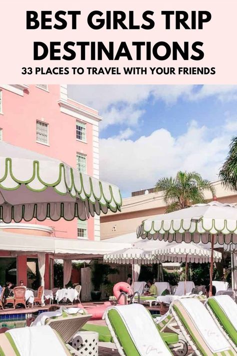 Get a list of 30+ girls trip destinations to add to your girls getaway bucketlist. These travel destinations are perfect for girls weekend getaway ideas or for longer girls trips around the world. You'll find trips to take with your girlfriends all around the world that work for every budget and friendcation ideas that are unexpected. | girls getaway destinations | best girls trip destinations | girls getaway weekend ideas | girls trip destinations weekend getaways Girl Trips Black Women, Vacation Ideas For Friends, Bestie Trip Ideas, Best Friend Vacation Ideas, Best 30th Birthday Trips, Weekend Girls Trip Ideas Texas, Places To Visit With Friends, Places To Go For 21st Birthday Trip, 21st Birthday Destinations