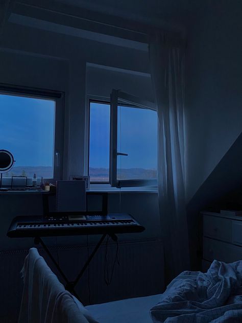 #cosy #bedroom #inspiration #night #aesthetic #decoration #music Blue Hour Room Aesthetic, Dark Bedroom Aesthetic Night, Gloomy Living Room Aesthetic, Blue Cozy Bedroom Aesthetic, Bedroom At Night Dark, Dark Bedroom Inspirations Cozy, Liminal Bedroom Aesthetic, Gloomy Bedroom Aesthetic, Bedroom Aesthetic Cozy Blue