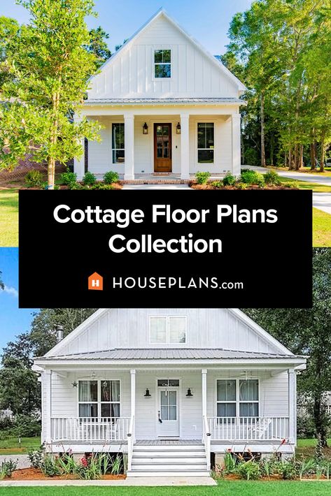 two white cottage house plans - each with a front porch Cottage With Basement Plans, 1000 Sq Ft Cottage House Plans, Open Cottage Floor Plan, Craftsman Small House Plans, French Country Tiny House Cottage Style, Square Cottage House Plans, Simple Cottage House Plans, Small Country Homes Plans, Vintage Cottage Floor Plans